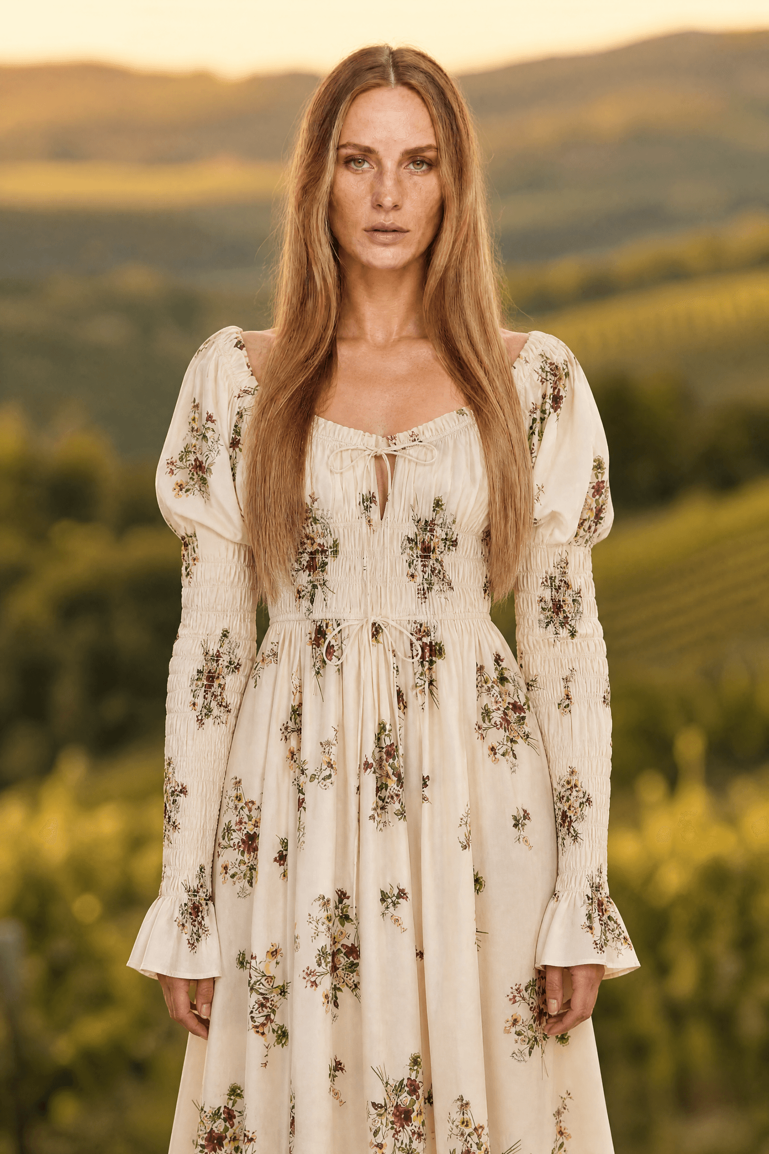 Floral print dress on a model, waist-up — generated studio-quality photo