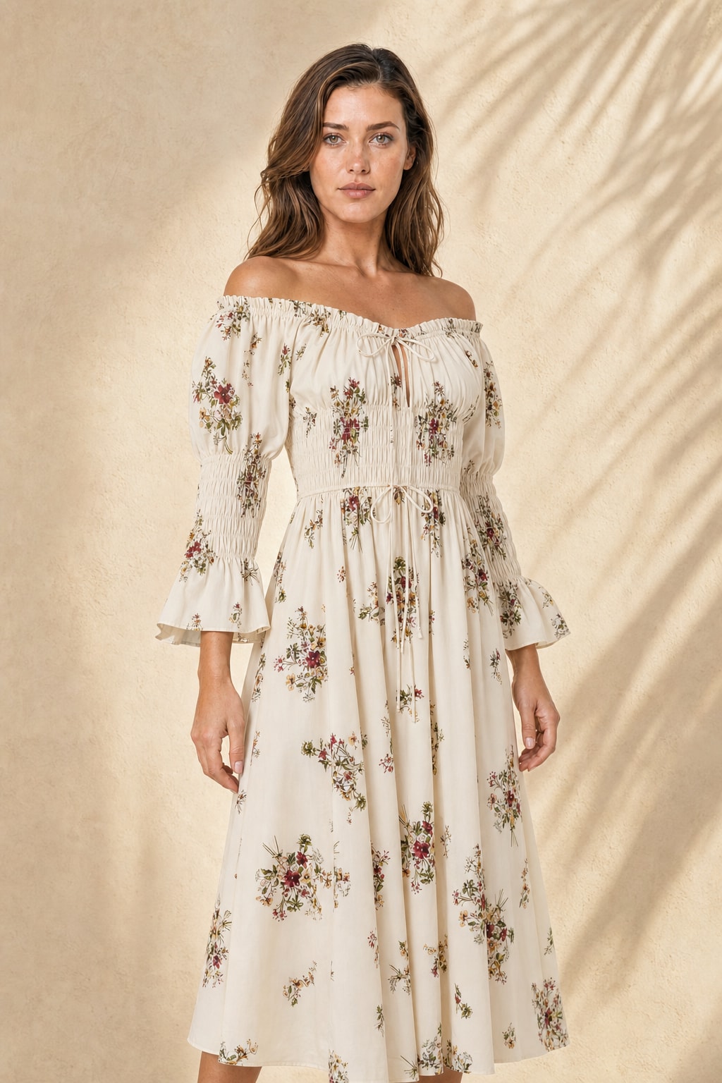 Cream floral print dress with smocked bodice and ruffled bell sleeves on a model against a warm plaster wall with palm shadows — generated studio photo